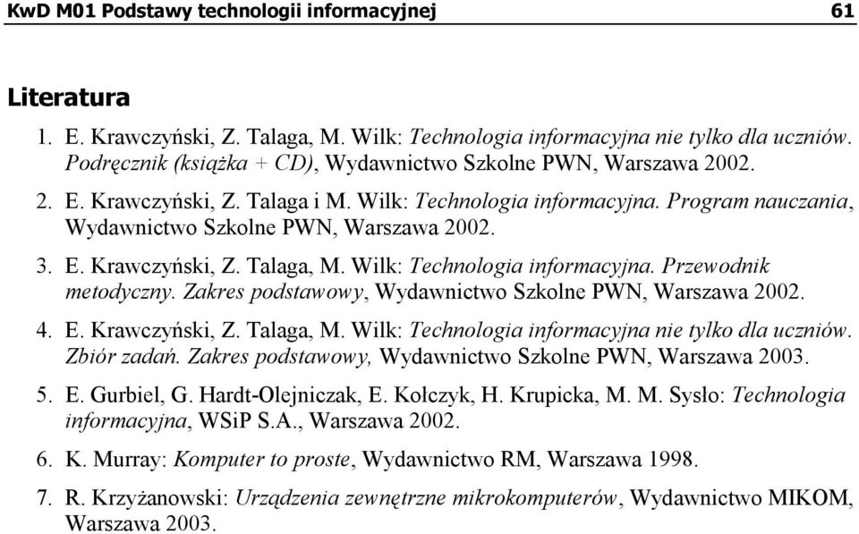 Wilk: Technologia informacyjna. Przewodnik metodyczny. Zakres podstawowy, Wydawnictwo Szkolne PWN, Warszawa 2002. 4. E. Krawczyński, Z. Talaga, M. Wilk: Technologia informacyjna nie tylko dla uczniów.