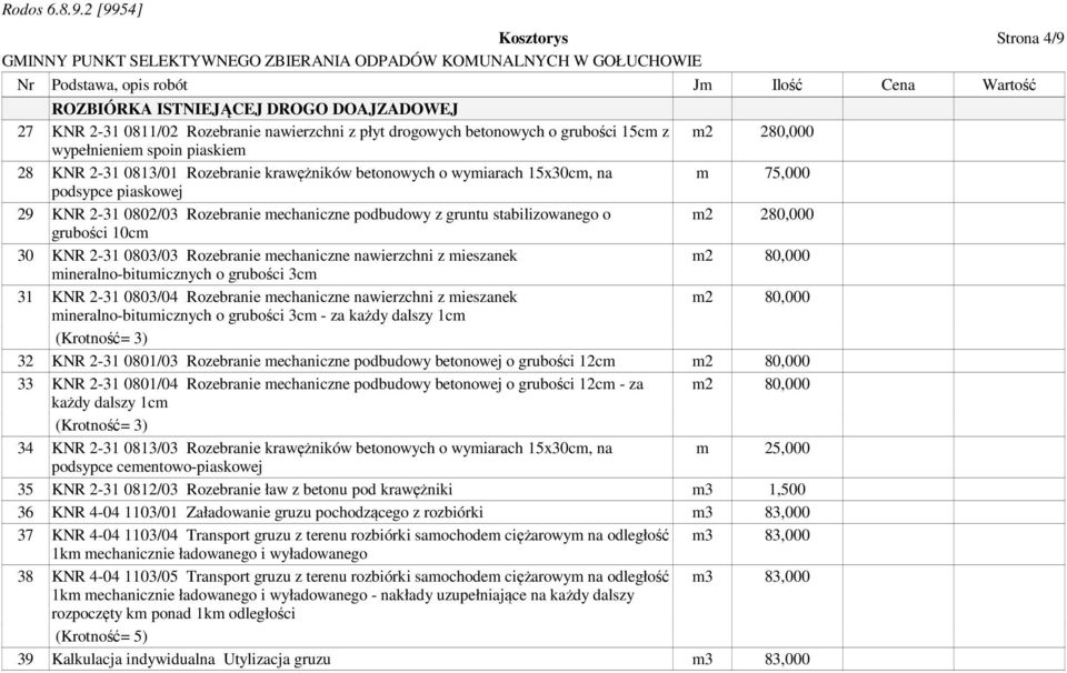 10cm 30 KNR 2-31 0803/03 Rozebranie mechaniczne nawierzchni z mieszanek m2 80,000 mineralno-bitumicznych o grubości 3cm 31 KNR 2-31 0803/04 Rozebranie mechaniczne nawierzchni z mieszanek m2 80,000