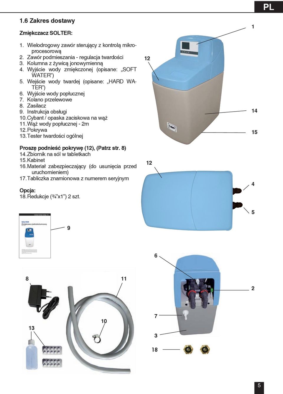 Cybant / opaska zaciskowa na wąż 11. Wąż wody popłucznej - 2m 12. Pokrywa 13. Tester twardości ogólnej Proszę podnieść pokrywę (12), (Patrz str. 8) 14. Zbiornik na sól w tabletkach 15.