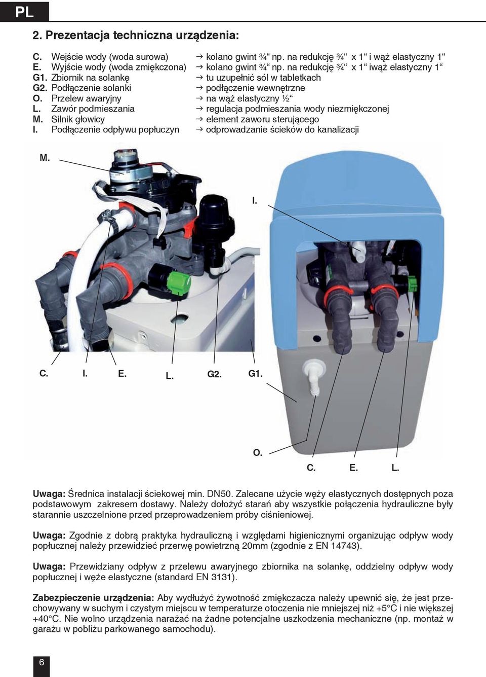 Zawór podmieszania regulacja podmieszania wody niezmiękczonej M. Silnik głowicy element zaworu sterującego I. Podłączenie odpływu popłuczyn odprowadzanie ścieków do kanalizacji M. I. C. I. E. L. G2.