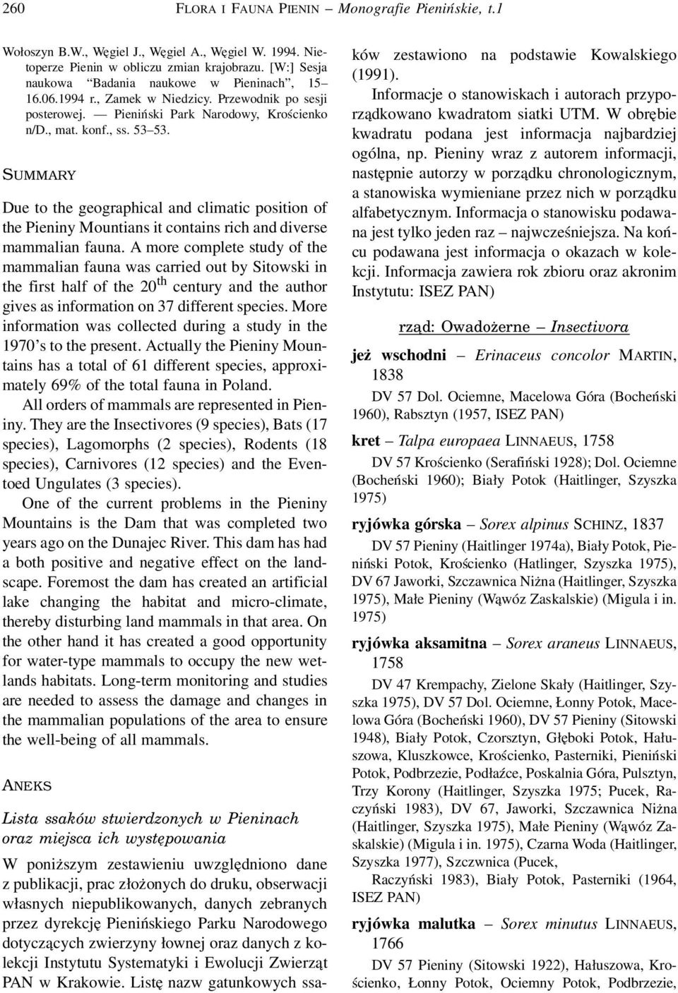 SUMMARY Due to the geographical and climatic position of the Pieniny Mountians it contains rich and diverse mammalian fauna.