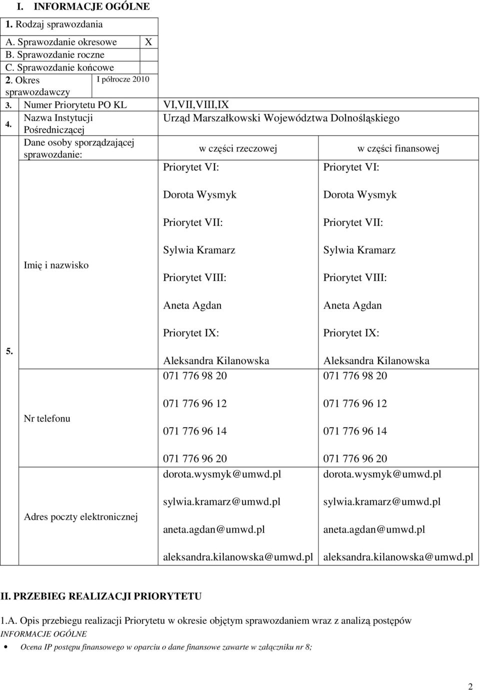 nazwisko Dorota Wysmyk Priorytet VII: Sylwia Kramarz Priorytet VIII: Aneta Agdan Dorota Wysmyk Priorytet VII: Sylwia Kramarz Priorytet VIII: Aneta Agdan 5.