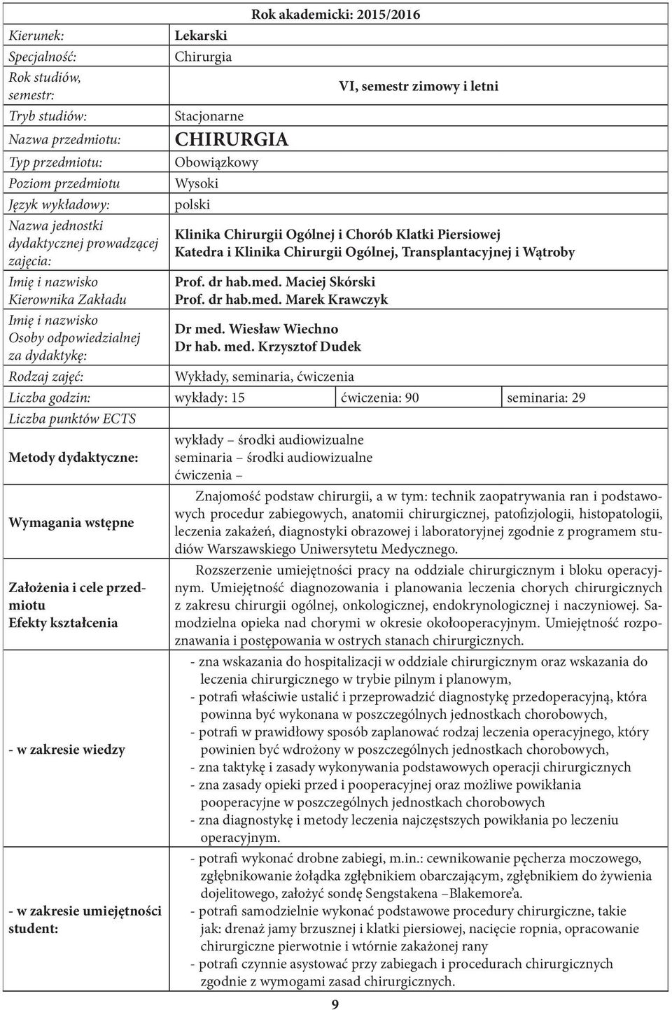 i letni Klinika Chirurgii Ogólnej i Chorób Klatki Piersiowej Katedra i Klinika Chirurgii Ogólnej, Transplantacyjnej i Wątroby Prof. dr hab.med. Maciej Skórski Prof. dr hab.med. Marek Krawczyk Dr med.