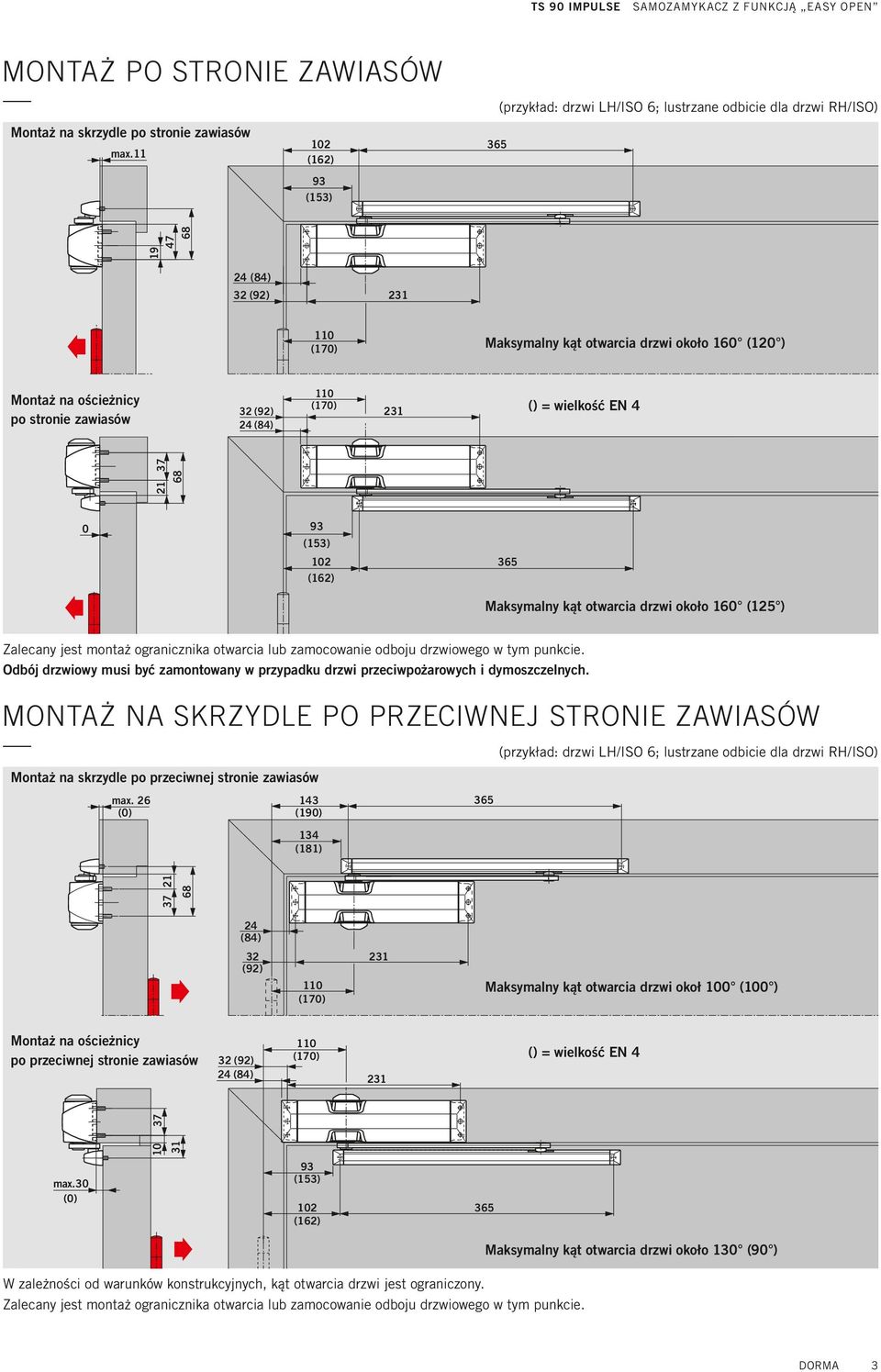 Maksymalny kąt otwarcia drzwi około 160 (125 ) Zalecany jest montaż ogranicznika otwarcia lub zamocowanie odboju drzwiowego w tym punkcie.