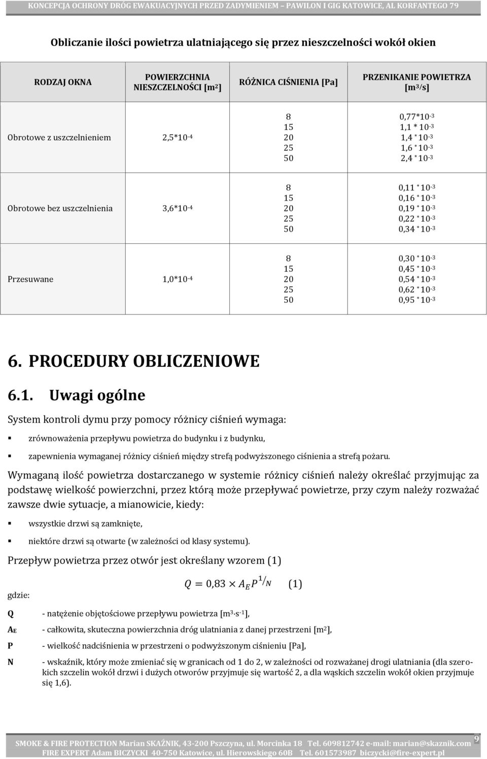 10-3 Przesuwane 1,0*10-4 8 15 20 25 50 0,30 * 10-3 0,45 * 10-3 0,54 * 10-3 0,62 * 10-3 0,95 * 10-3 6. PROCEDURY OBLICZENIOWE 6.1. Uwagi ogólne System kontroli dymu przy pomocy różnicy ciśnień wymaga: