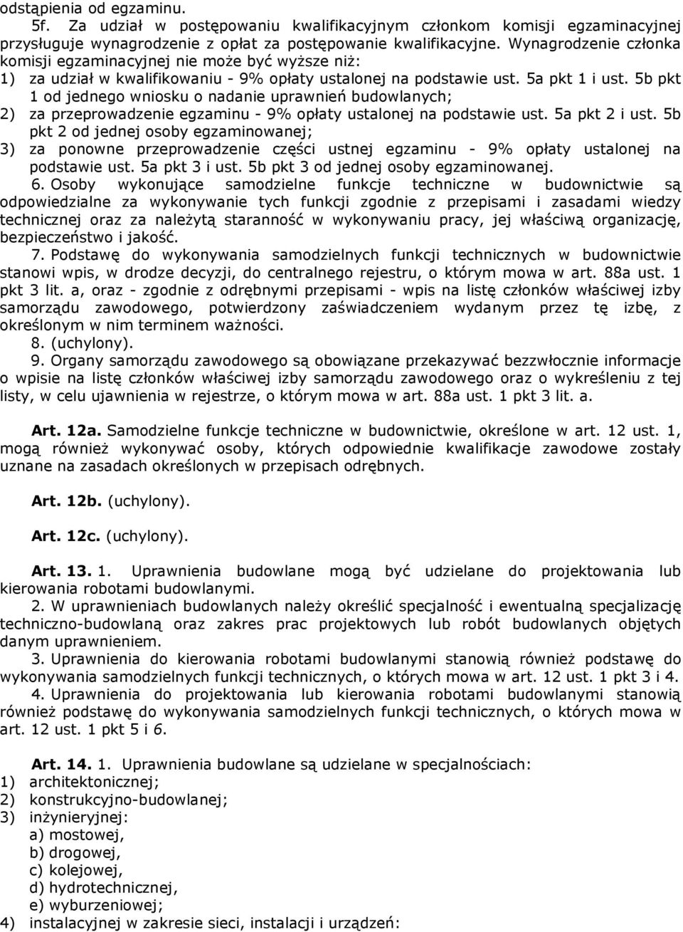 5b pkt 1 od jednego wniosku o nadanie uprawnień budowlanych; 2) za przeprowadzenie egzaminu - 9% opłaty ustalonej na podstawie ust. 5a pkt 2 i ust.