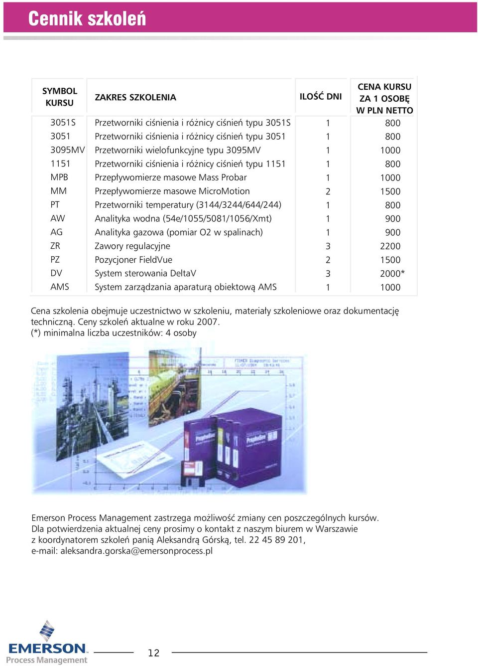 Analityka wodna (54e/1055/5081/1056/Xmt) Analityka gazowa (pomiar O2 w spalinach) Zawory regulacyjne Pozycjoner FieldVue System sterowania DeltaV System zarządzania aparaturą obiektową AMS CENA KURSU