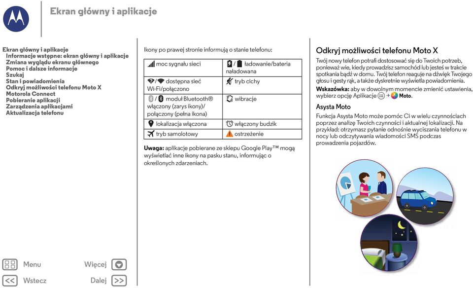 naładowana / dostępna sieć tryb cichy Wi-Fi/połączono / modułbluetooth wibracje włączony (zarys ikony)/ połączony (pełna ikona) lokalizacja włączona włączony budzik tryb samolotowy ostrzeżenie Uwaga: