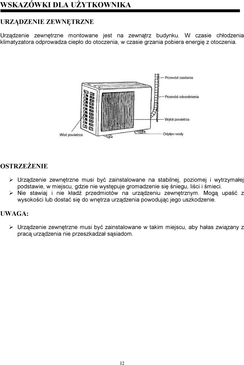 OSTRZEśENIE Urządzenie zewnętrzne musi być zainstalowane na stabilnej, poziomej i wytrzymałej podstawie, w miejscu, gdzie nie występuje gromadzenie się śniegu, liści i