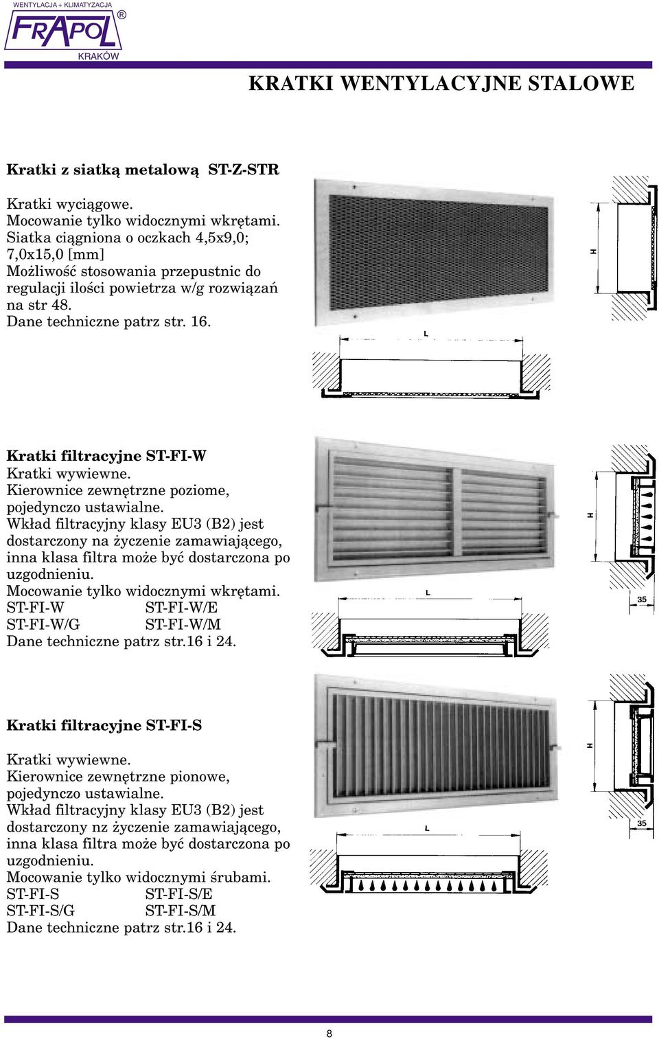 Kratki filtracyjne ST-FI-W Kratki wywiewne. Kierownice zewnêtrzne poziome, pojedynczo ustawialne.
