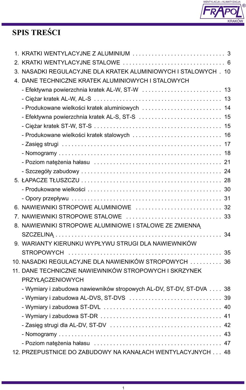 .. 14 - Efektywna powierzchnia kratek AL-S, ST-S... 15 - Ciê ar kratek ST-W, ST-S... 15 - Produkowane wielkoœci kratek stalowych... 16 - Zasiêg strugi... 17 - Nomogramy... 18 - Poziom natê enia ha³asu.