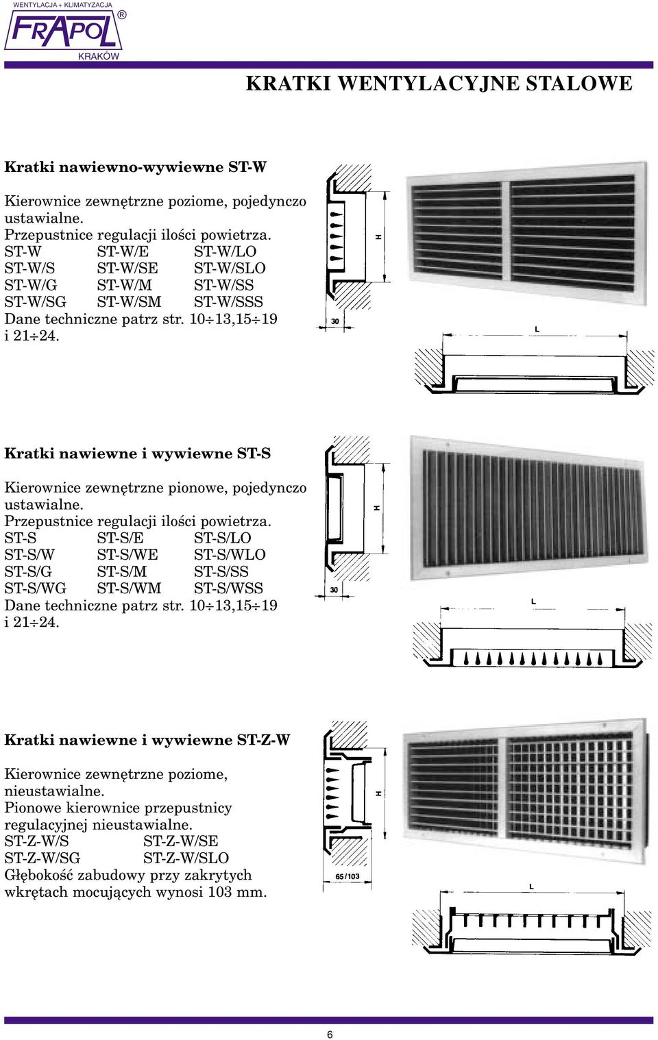 Kratki nawiewne i wywiewne ST-S Kierownice zewnêtrzne pionowe, pojedynczo ustawialne. Przepustnice regulacji iloœci powietrza.