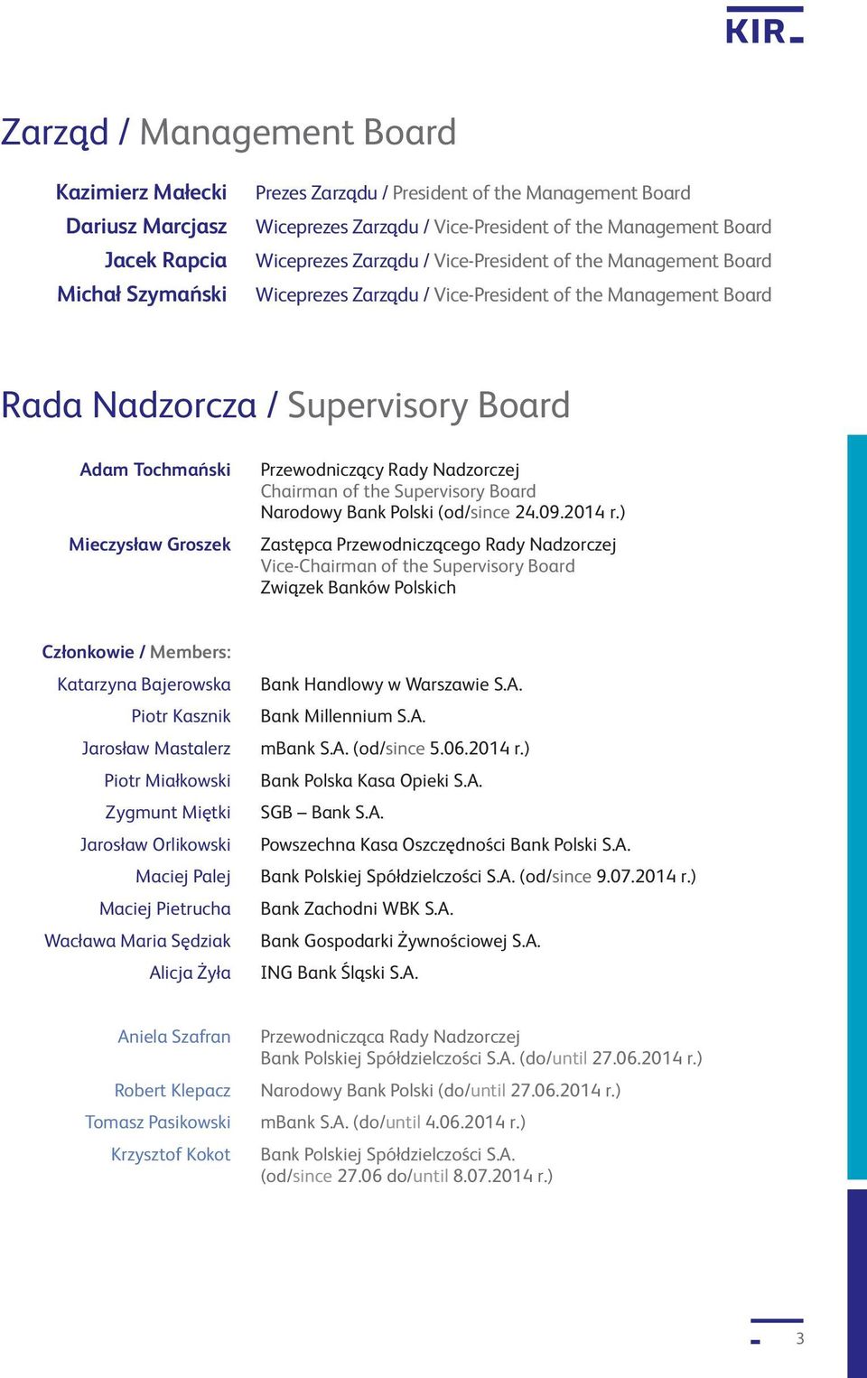 Przewodniczący Rady Nadzorczej Chairman of the Supervisory Board Narodowy Bank Polski (od/ since 24.09.2014 r.