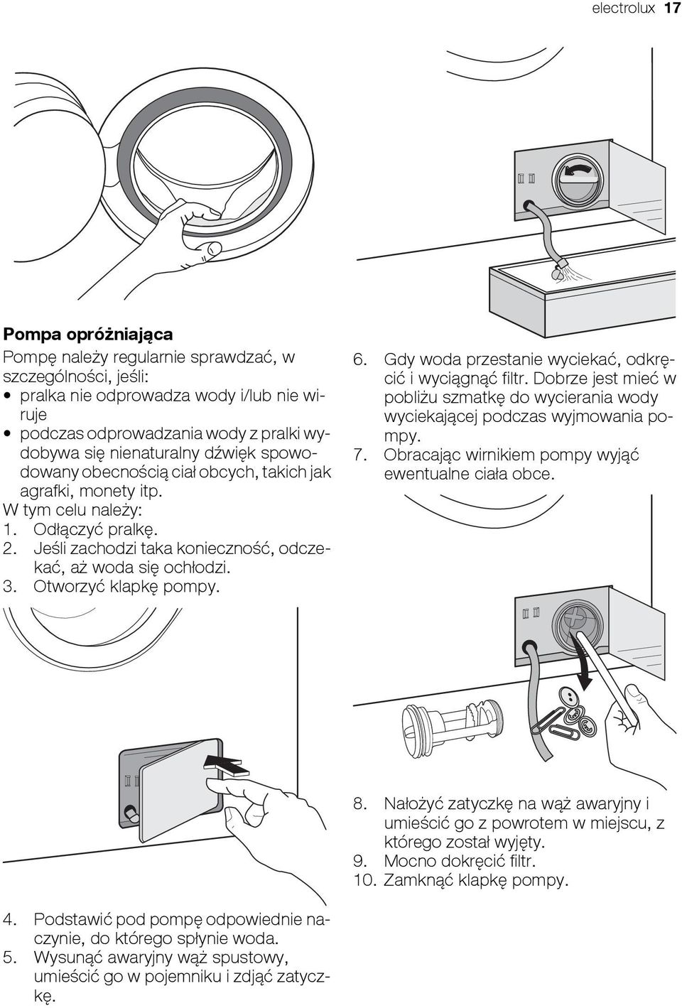 Otworzyć klapkę pompy. 6. Gdy woda przestanie wyciekać, odkręcić i wyciągnąć filtr. Dobrze jest mieć w pobliżu szmatkę do wycierania wody wyciekającej podczas wyjmowania pompy. 7.