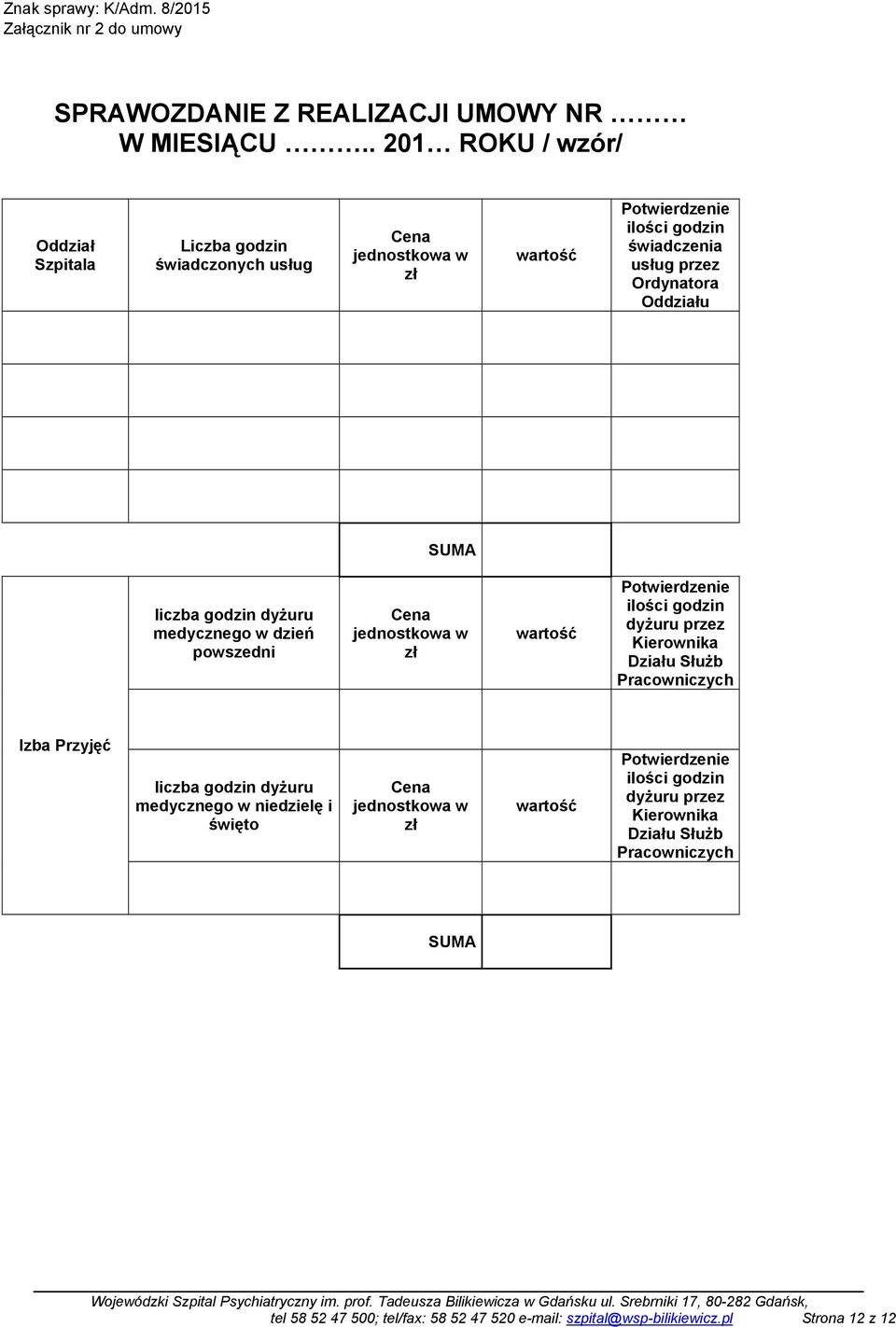 Oddziału SUMA liczba godzin dyŝuru medycznego w dzień powszedni Cena jednostkowa w zł wartość Potwierdzenie ilości godzin dyŝuru przez Kierownika Działu SłuŜb