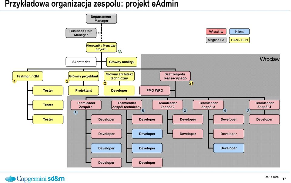 / QM Główny projektant 4 2 2 Główny architekt techniczny Szef zespołu realizacyjnego 21 Tester Projektant Developer PMO WRO Tester 5 Teamleader Zespół