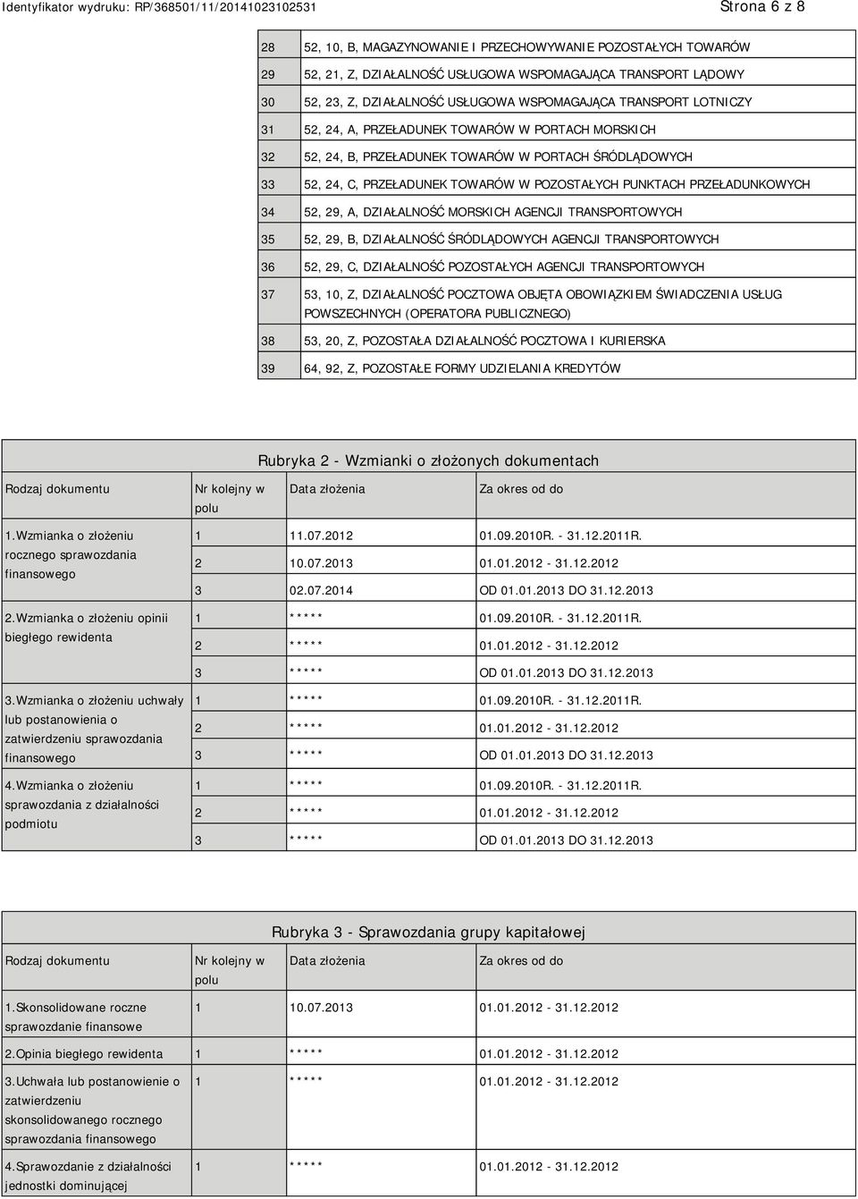 29, A, DZIAŁALNOŚĆ MORSKICH AGENCJI TRANSPORTOWYCH 35 52, 29, B, DZIAŁALNOŚĆ ŚRÓDLĄDOWYCH AGENCJI TRANSPORTOWYCH 36 52, 29, C, DZIAŁALNOŚĆ POZOSTAŁYCH AGENCJI TRANSPORTOWYCH 37 53, 10, Z, DZIAŁALNOŚĆ