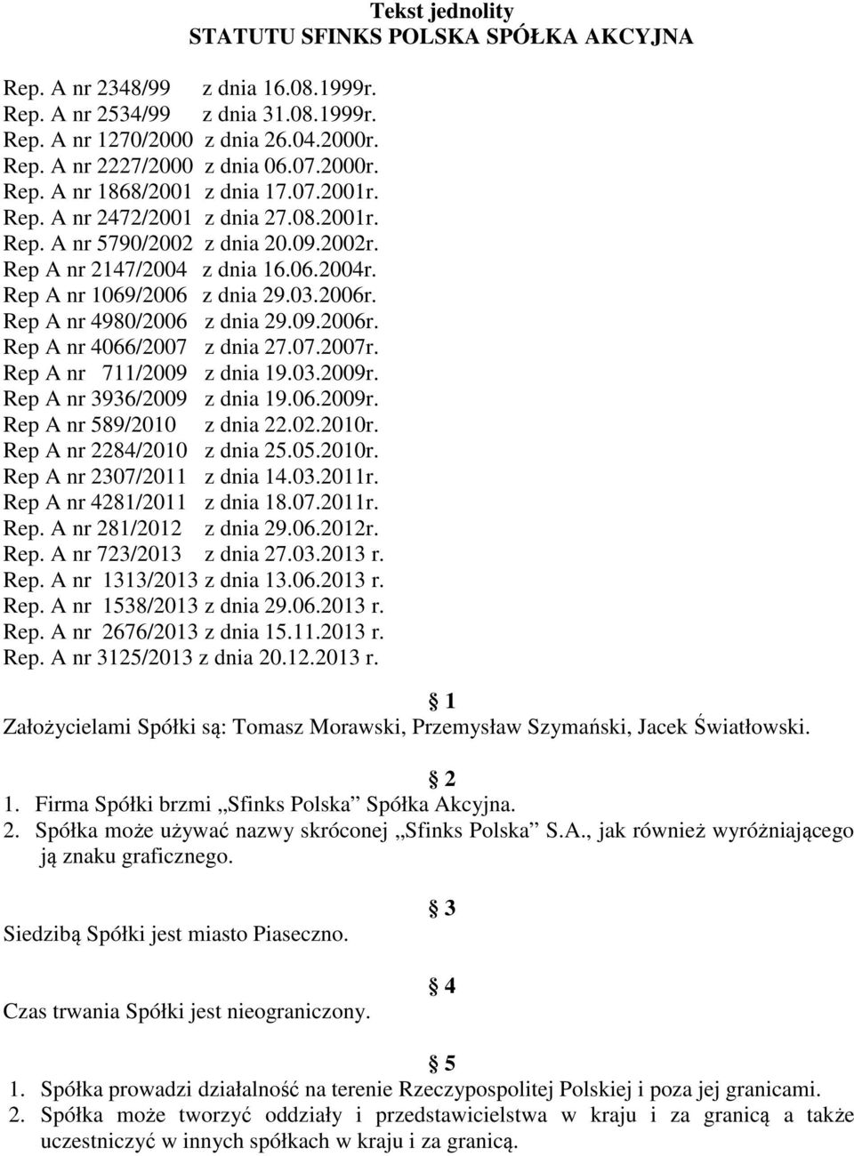 03.2006r. Rep A nr 4980/2006 z dnia 29.09.2006r. Rep A nr 4066/2007 z dnia 27.07.2007r. Rep A nr 711/2009 z dnia 19.03.2009r. Rep A nr 3936/2009 z dnia 19.06.2009r. Rep A nr 589/2010 z dnia 22.02.