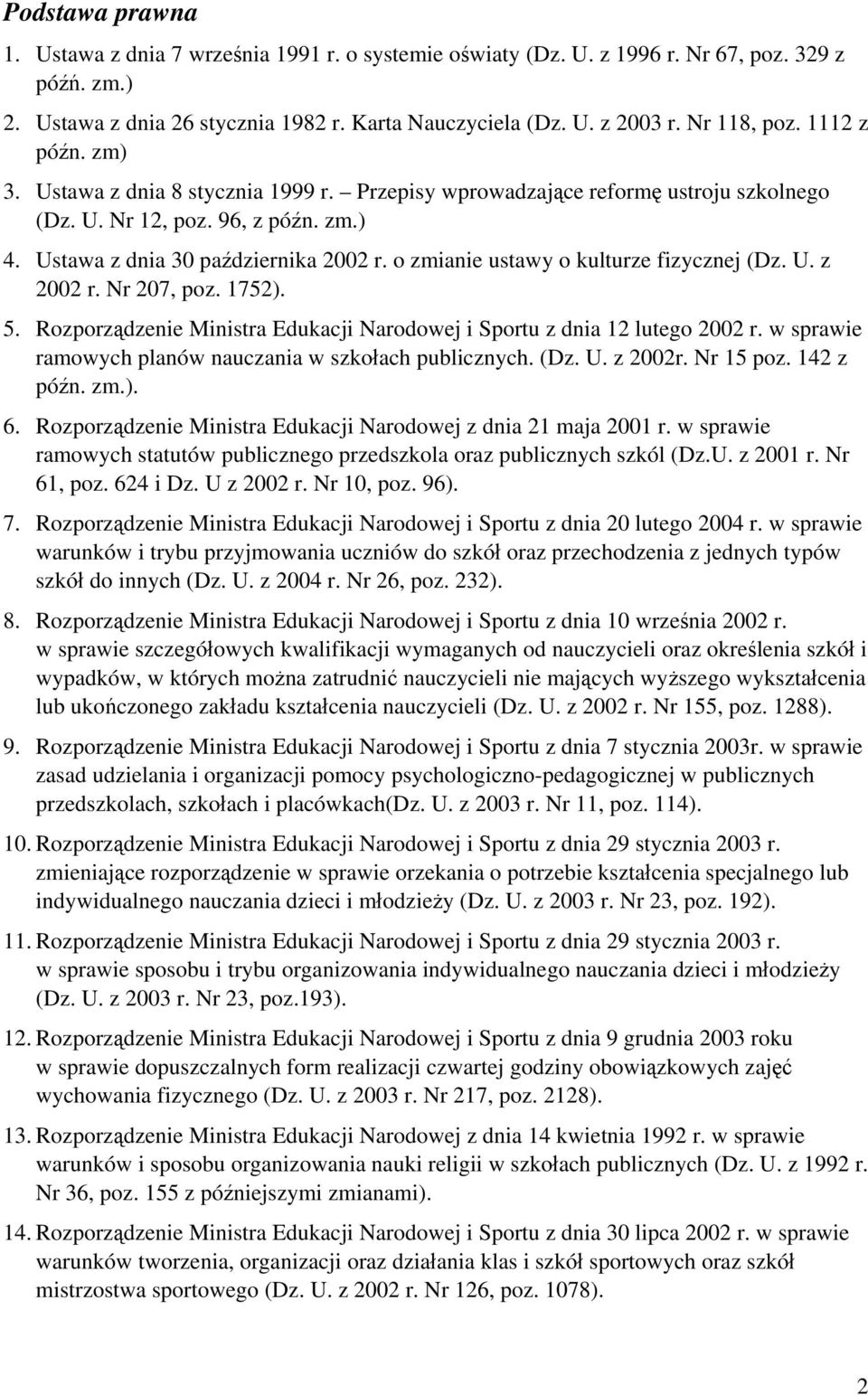 o zmianie ustawy o kulturze fizycznej (Dz. U. z 2002 r. Nr 207, poz. 1752). 5. Rozporządzenie Ministra Edukacji Narodowej i Sportu z dnia 12 lutego 2002 r.