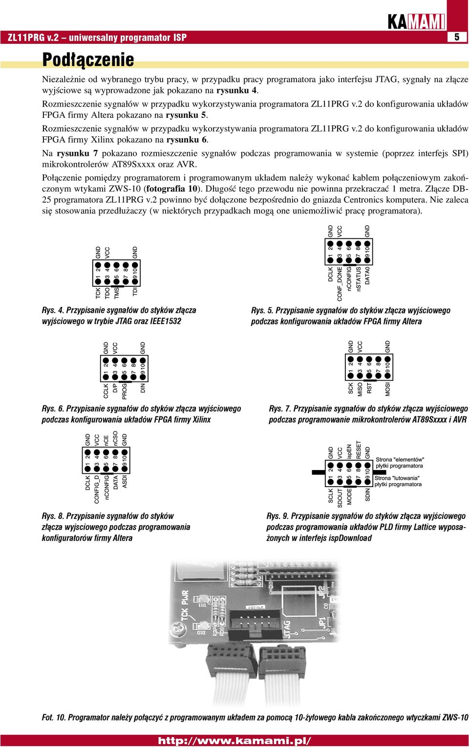 rysunku 4. Rozmieszczenie sygnałów w przypadku wykorzystywania programatora 2 do konfigurowania układów FPGA firmy Altera pokazano na rysunku 5.