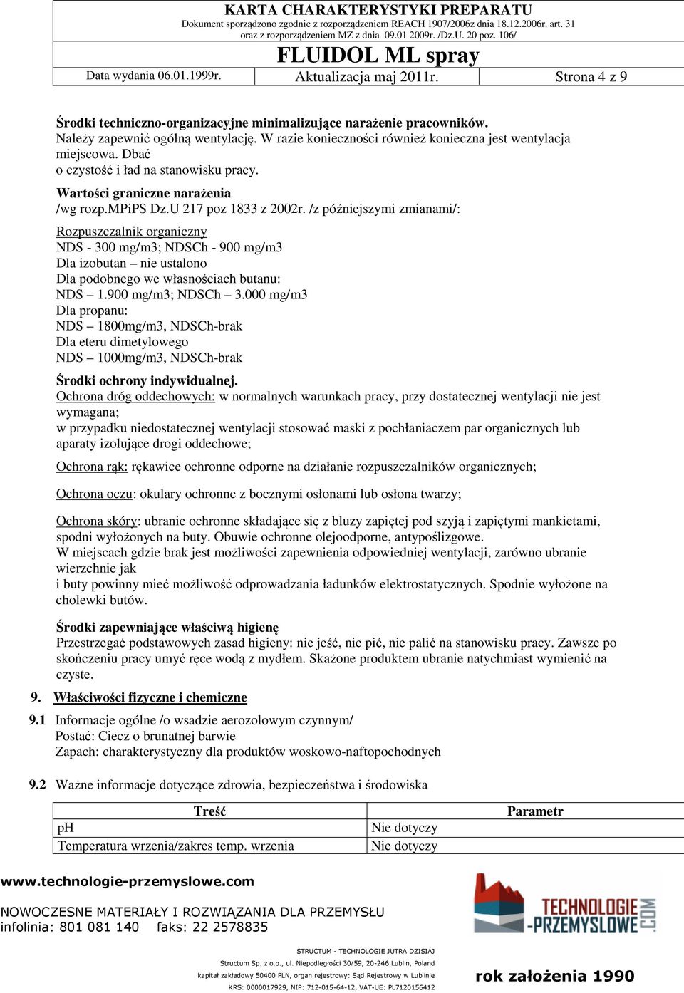 /z późniejszymi zmianami/: Rozpuszczalnik organiczny NDS - 300 mg/m3; NDSCh - 900 mg/m3 Dla izobutan nie ustalono Dla podobnego we własnościach butanu: NDS 1.900 mg/m3; NDSCh 3.