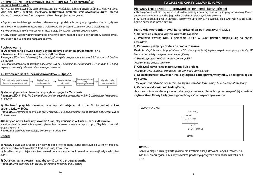 System kontroli dostępu można zablokować po godzinach pracy w przypadku biur, lub gdy nie ma nikogo w budynku mieszkalnym. Odblokowanie systemu działa w sposób przełączalny.