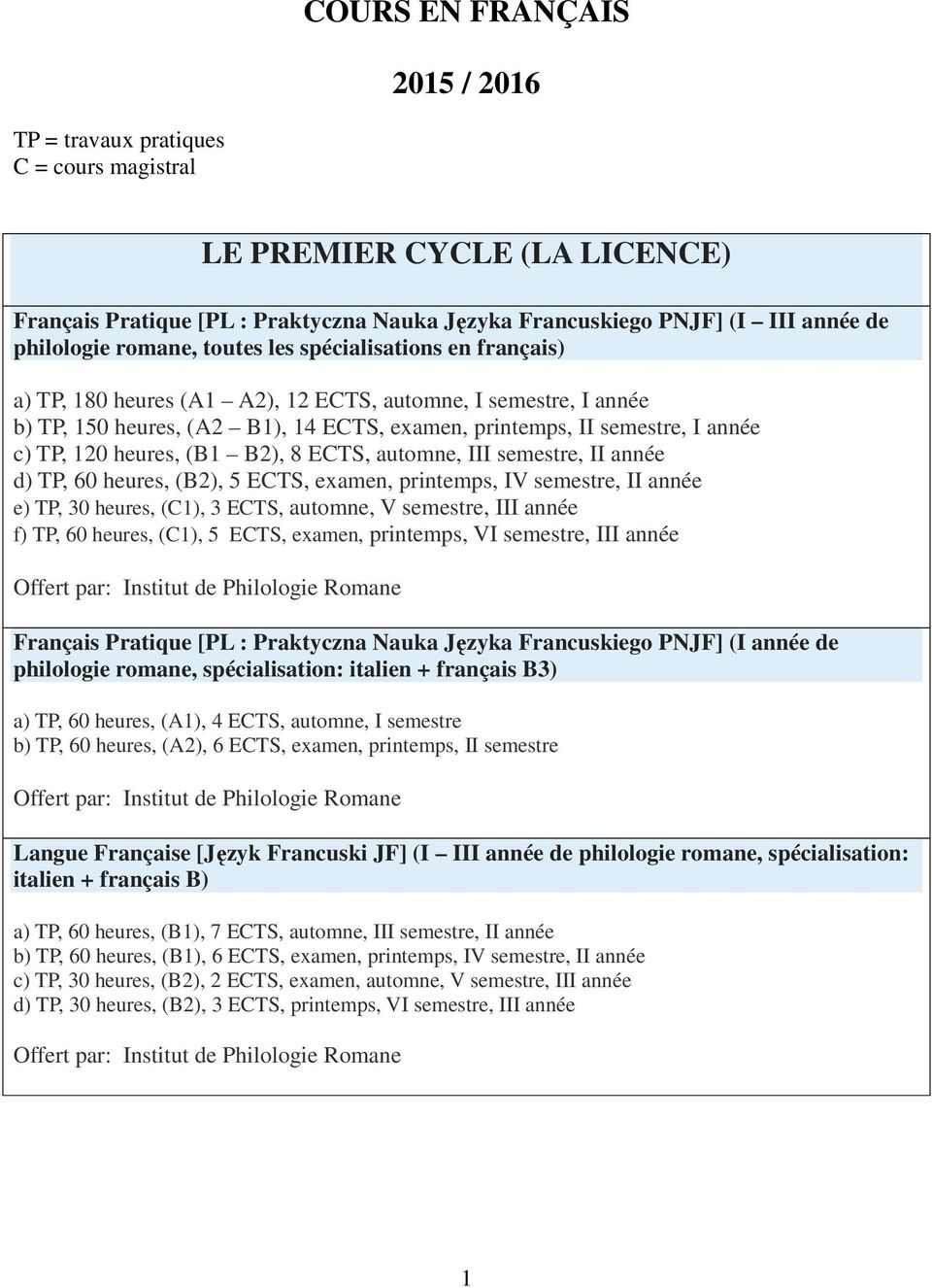 120 heures, (B1 B2), 8 ECTS, automne, III semestre, II année d) TP, 60 heures, (B2), 5 ECTS, examen, printemps, IV semestre, II année e) TP, 30 heures, (C1), 3 ECTS, automne, V semestre, III année f)