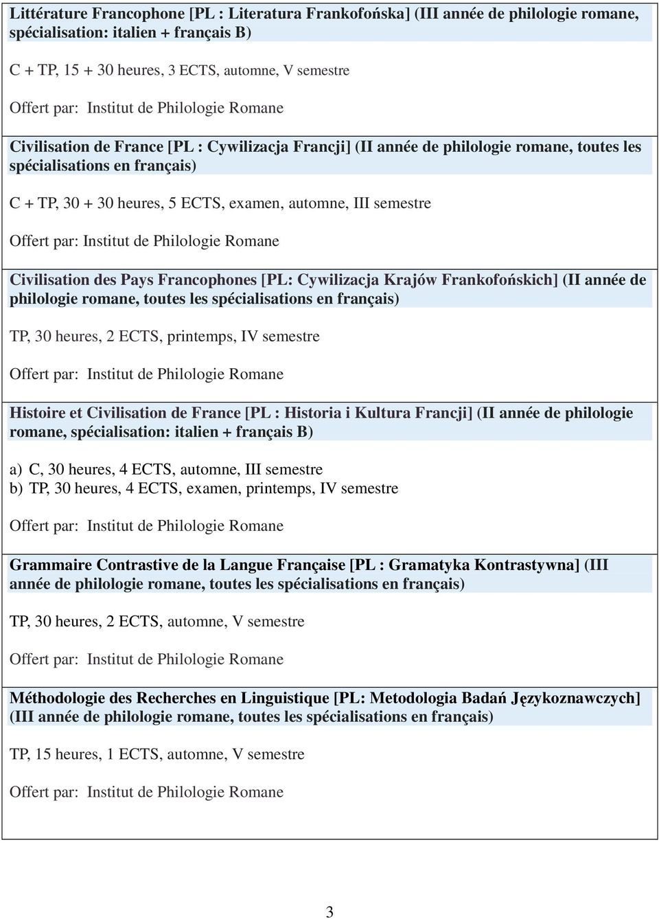 Francophones [PL: Cywilizacja Krajów Frankofońskich] (II année de philologie romane, toutes les spécialisations en français) TP, 30 heures, 2 ECTS, printemps, IV semestre Histoire et Civilisation de