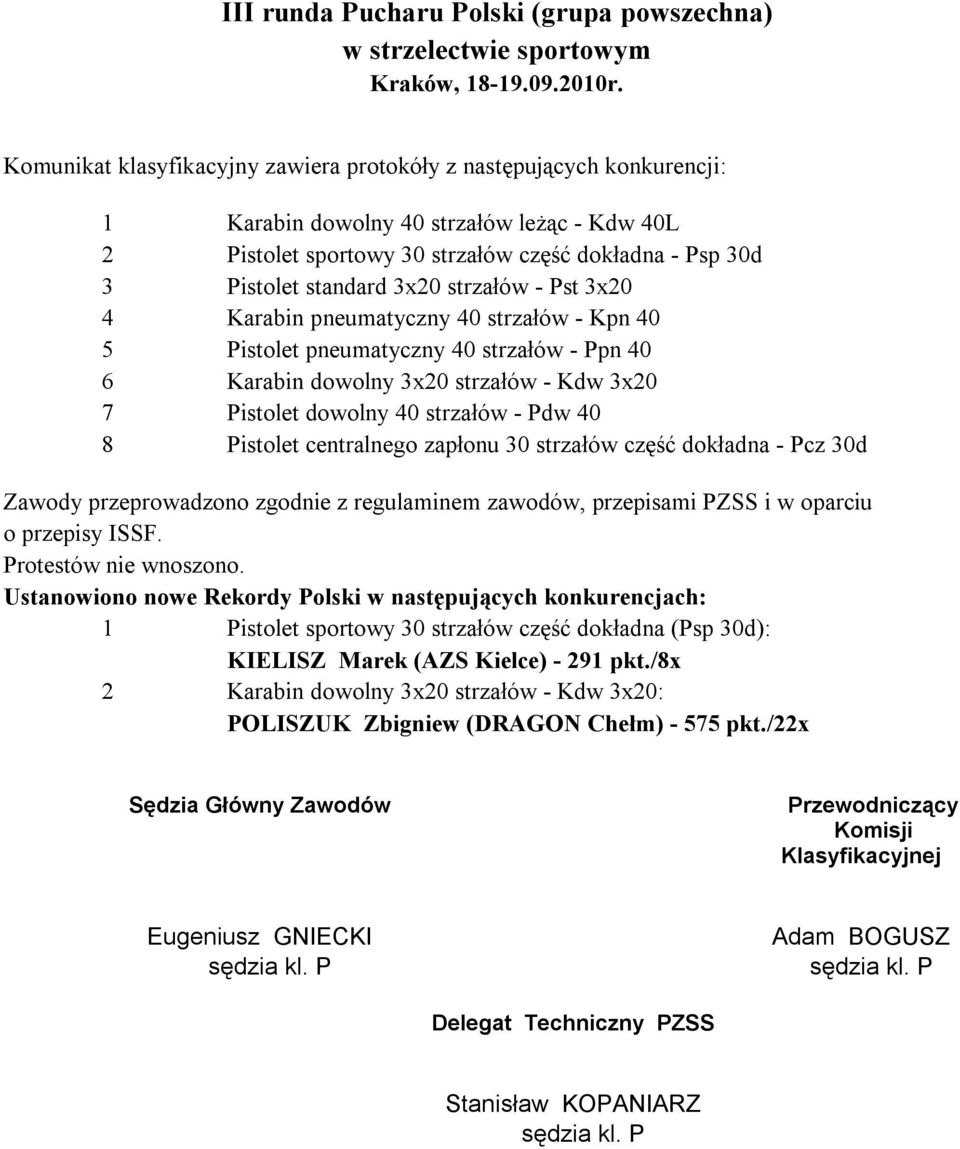 Pistolet centralnego zapłonu 30 strzałów część dokładna - Pcz 30d Zawody przeprowadzono zgodnie z regulaminem zawodów, przepisami PZSS i w oparciu o przepisy ISSF. Protestów nie wnoszono.