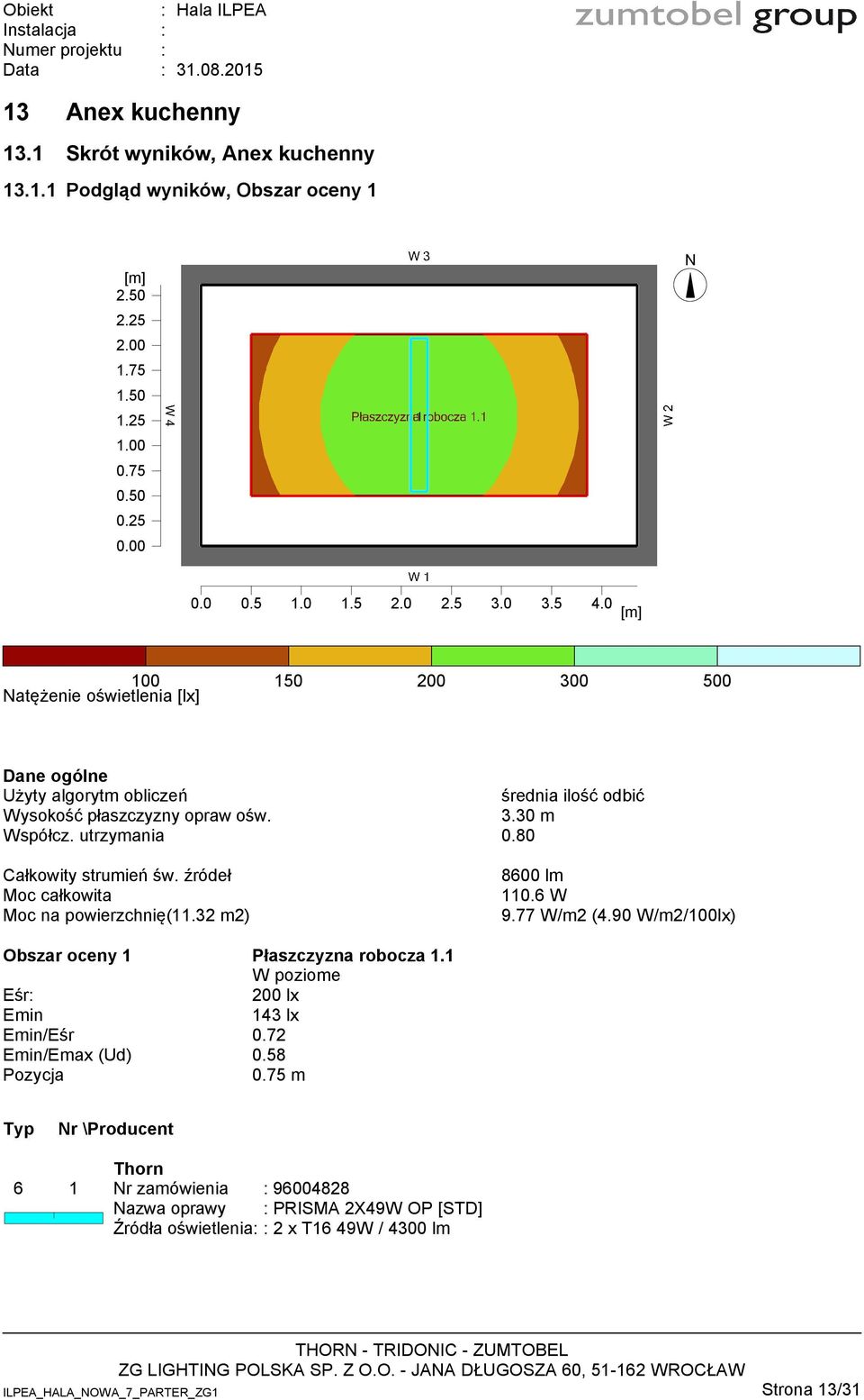 0 100 150 200 300 500 Moc na powierzchnię(11.32 m2) 8600 lm 110.6 W 9.77 W/m2 (4.