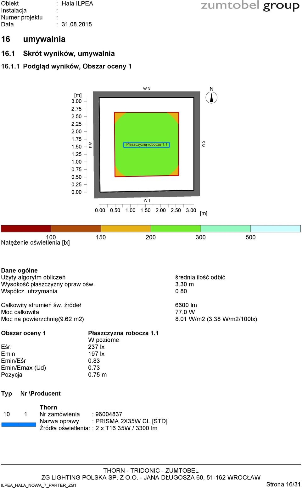 00 100 150 200 300 500 Moc na powierzchnię(9.62 m2) 6600 lm 77.0 W 8.01 W/m2 (3.