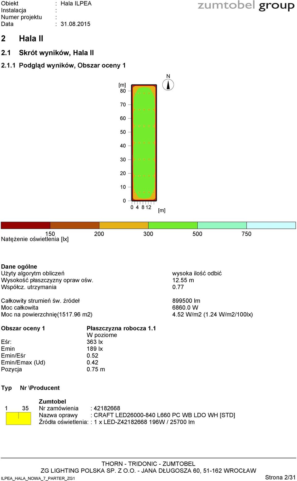 55 m Współcz. utrzymania 0.77 Moc na powierzchnię(1517.96 m2) 899500 lm 6860.0 W 4.52 W/m2 (1.