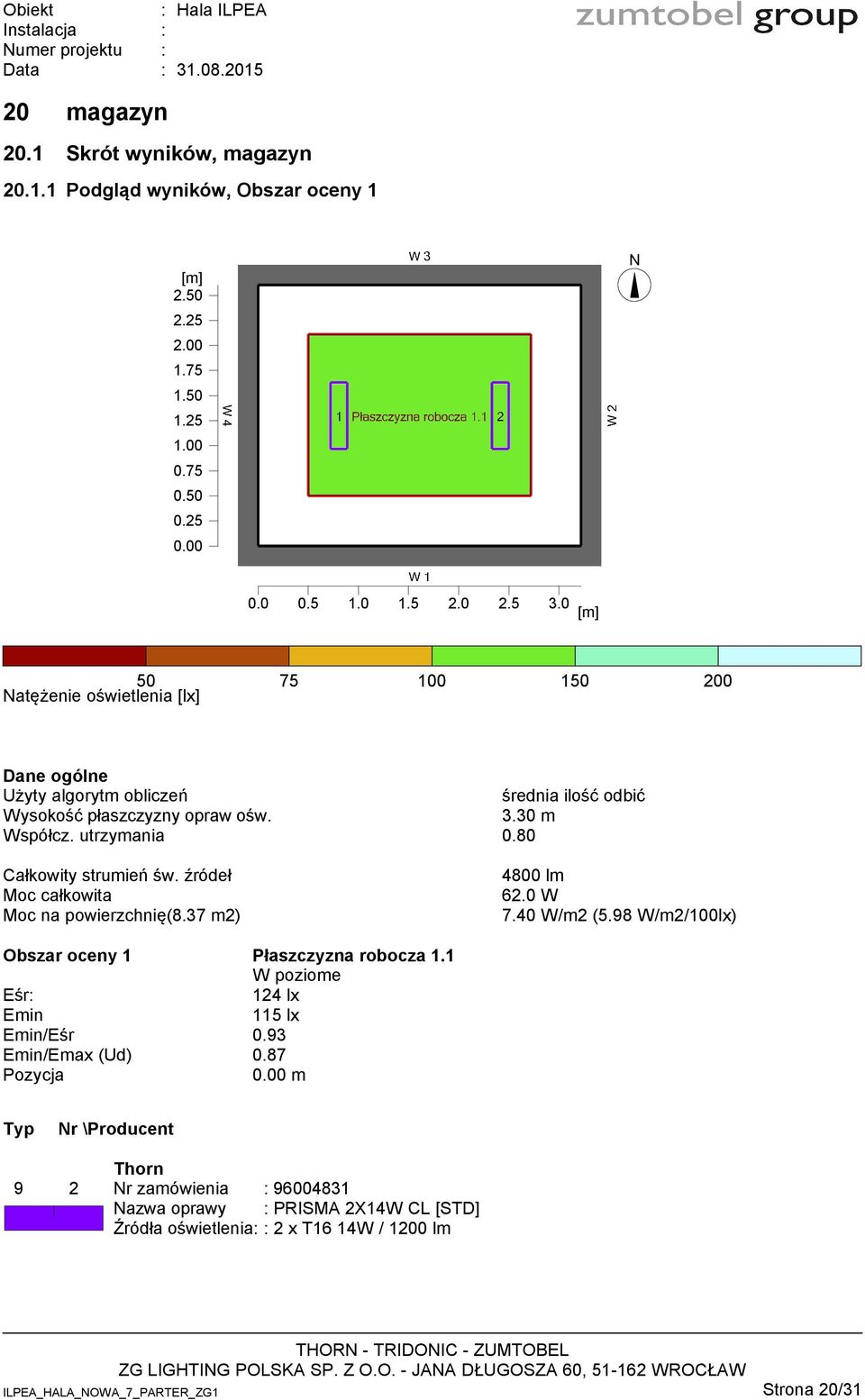 0 50 75 100 150 200 Moc na powierzchnię(8.37 m2) 4800 lm 62.0 W 7.40 W/m2 (5.