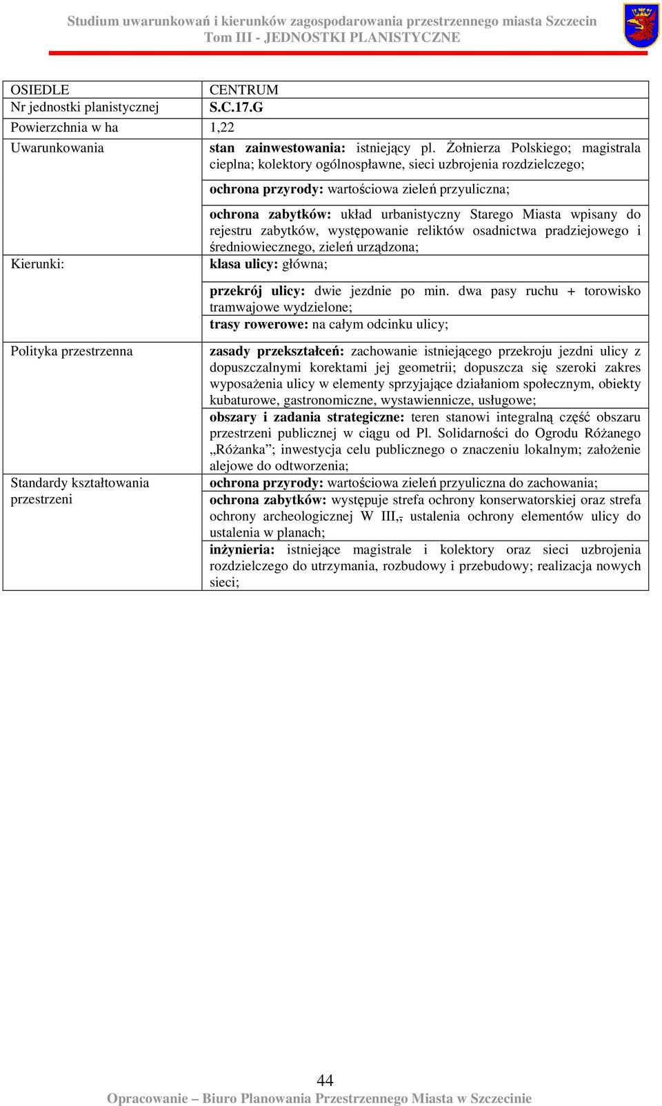 Miasta wpisany do rejestru zabytków, występowanie reliktów osadnictwa pradziejowego i średniowiecznego, zieleń urządzona; klasa ulicy: główna; przekrój ulicy: dwie jezdnie po min.