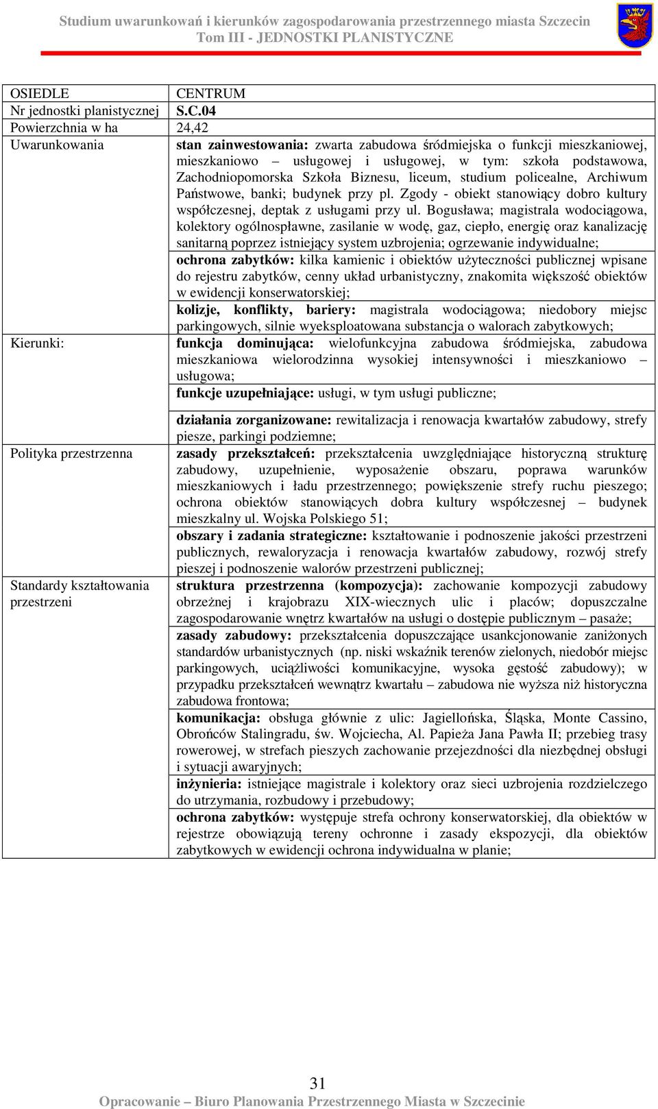 liceum, studium policealne, Archiwum Państwowe, banki; budynek przy pl. Zgody - obiekt stanowiący dobro kultury współczesnej, deptak z usługami przy ul.