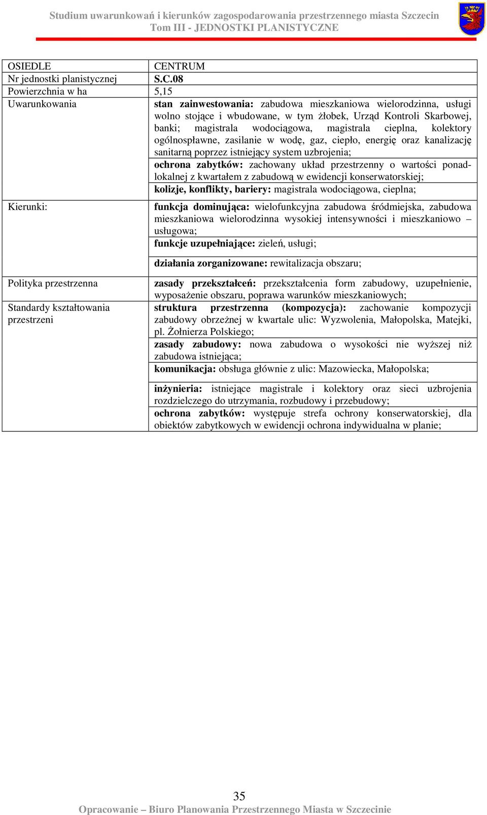 cieplna, kolektory ogólnospławne, zasilanie w wodę, gaz, ciepło, energię oraz kanalizację sanitarną poprzez istniejący system uzbrojenia; ochrona zabytków: zachowany układ przestrzenny o wartości