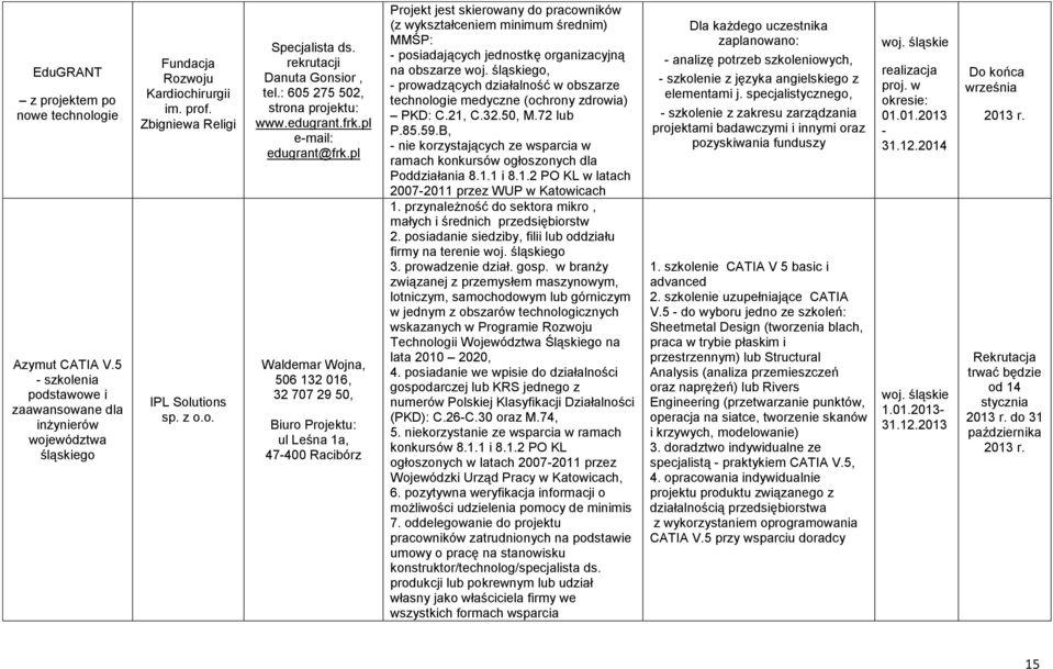 pl Waldemar Wojna, 506 132 016, 32 707 29 50, Biuro Projektu: ul Leśna 1a, 47-400 Racibórz Projekt jest skierowany do pracowników (z wykształceniem minimum średnim) MMŚP: - posiadających jednostkę