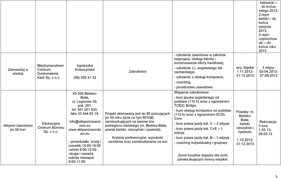 rejon częstochow ski do końca roku 3 etapy: 03-04.; 07-08. Aktywni zawodowo po 50-tce! Edukacyjne Centrum Biznesu Sp. z o.o. 43-300 Bielsko- Biała, ul. Legionów 30, pok. 201, tel.