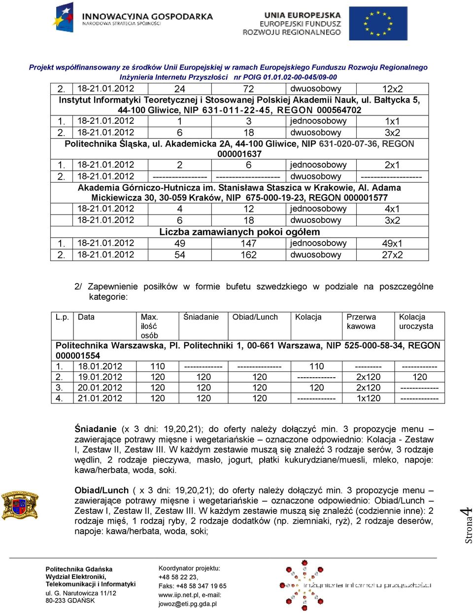 Stanisława Staszica w Krakowie, Al. Adama Mickiewicza 30, 30-059 Kraków, NIP 675-000-19-23, REGON 000001577 18-21.01.2012 4 12 jednoosobowy 4x1 18-21.01.2012 6 18 dwuosobowy 3x2 Liczba zamawianych pokoi ogółem 1.