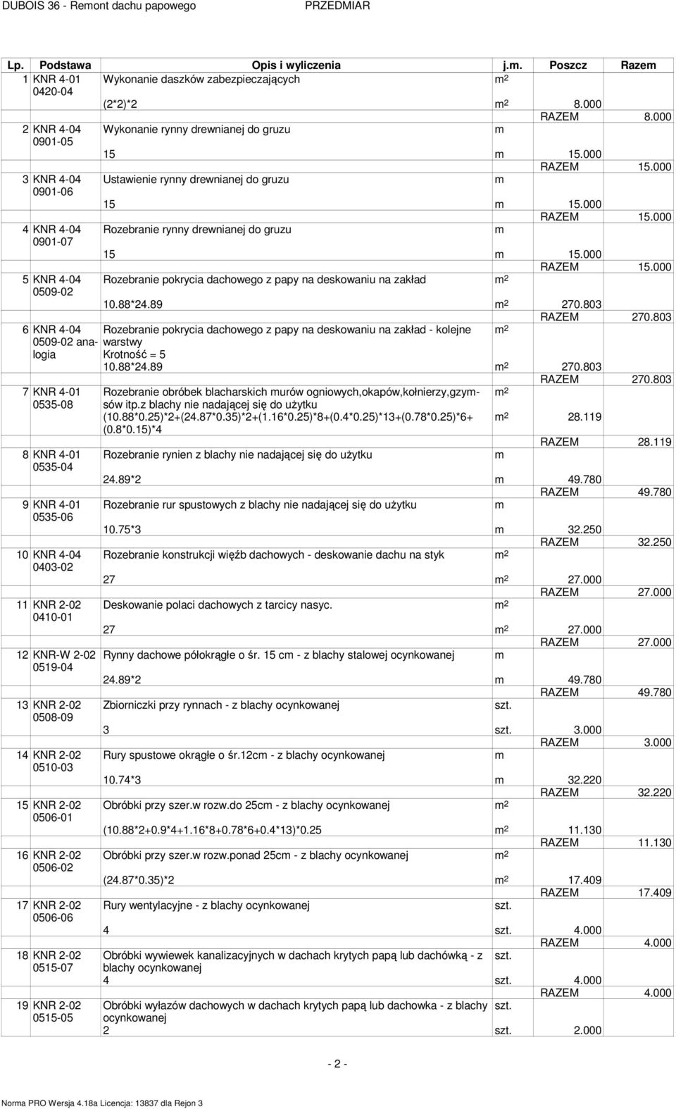 000 RAZEM 15.000 5 KNR 4-04 Rozebranie pokrycia dachowego z papy na deskowaniu na zakład 0509-02 10.88*24.89 270.803 RAZEM 270.