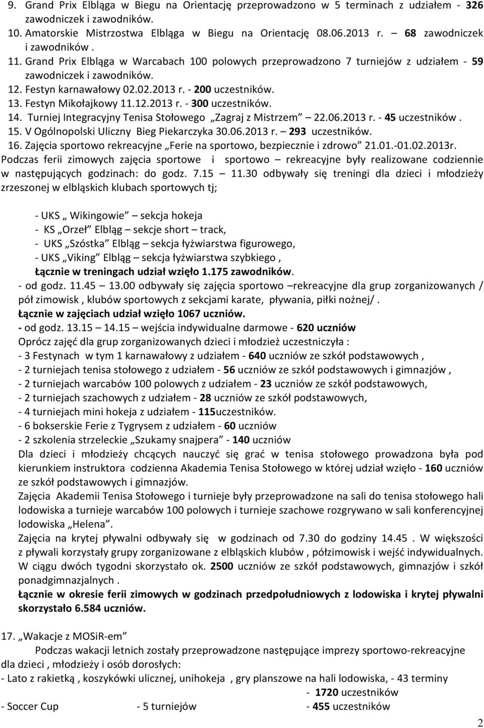 - 200 uczestników. 13. Festyn Mikołajkowy 11.12.2013 r. - 300 uczestników. 14. Turniej Integracyjny Tenisa Stołowego Zagraj z Mistrzem 22.06.2013 r. - 45 uczestników. 15.