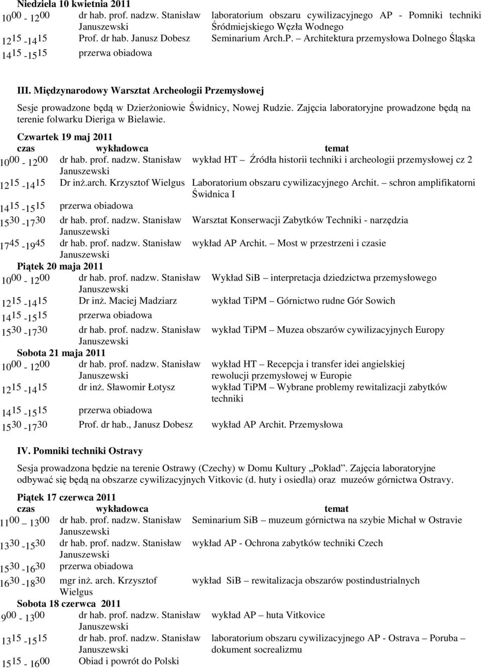 Zajęcia laboratoryjne prowadzone będą na terenie folwarku Dieriga w Bielawie. Czwartek 19 maj 2011 10 00-12 00 dr hab. prof. nadzw.