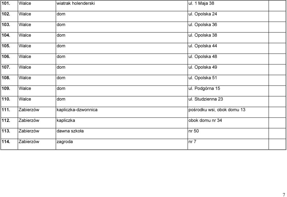 Walce dom ul. Opolska 51 109. Walce dom ul. Podgórna 15 110. Walce dom ul. Studzienna 23 111.