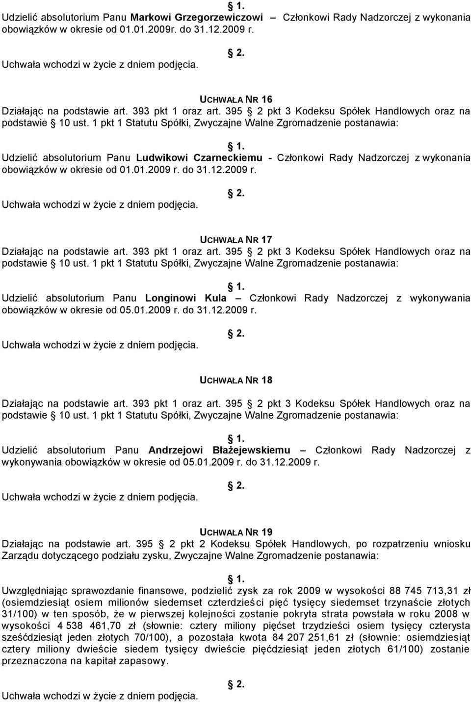 do 31.12.2009 r. UCHWAŁA NR 17 Udzielić absolutorium Panu Longinowi Kula Członkowi Rady Nadzorczej z wykonywania obowiązków w okresie od 05.01.2009 r. do 31.12.2009 r. UCHWAŁA NR 18 Udzielić absolutorium Panu Andrzejowi Błażejewskiemu Członkowi Rady Nadzorczej z wykonywania obowiązków w okresie od 05.