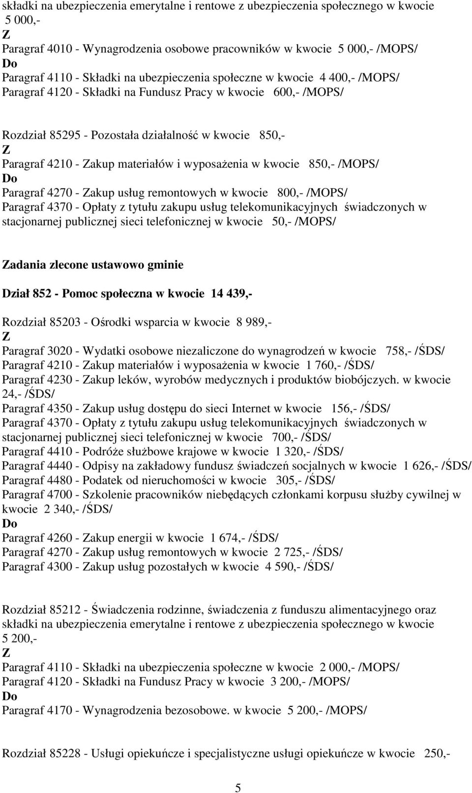 wyposażenia w kwocie 850,- /MOPS/ Paragraf 4270 - akup usług remontowych w kwocie 800,- /MOPS/ stacjonarnej publicznej sieci telefonicznej w kwocie 50,- /MOPS/ adania zlecone ustawowo gminie Dział