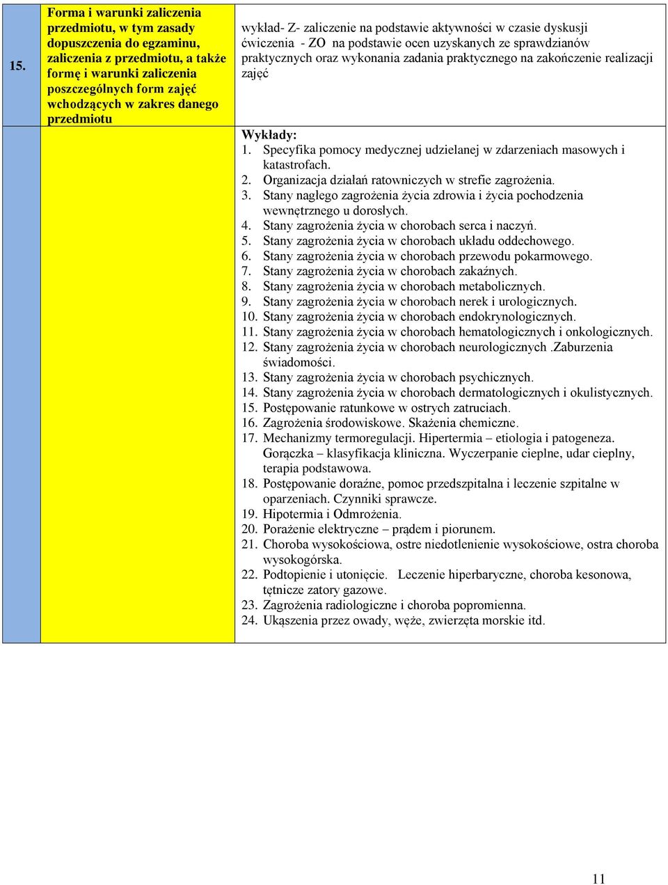 Wykłady: 1. Specyfika pomocy medycznej udzielanej w zdarzeniach masowych i katastrofach. 2. Organizacja działań ratowniczych w strefie zagrożenia. 3.