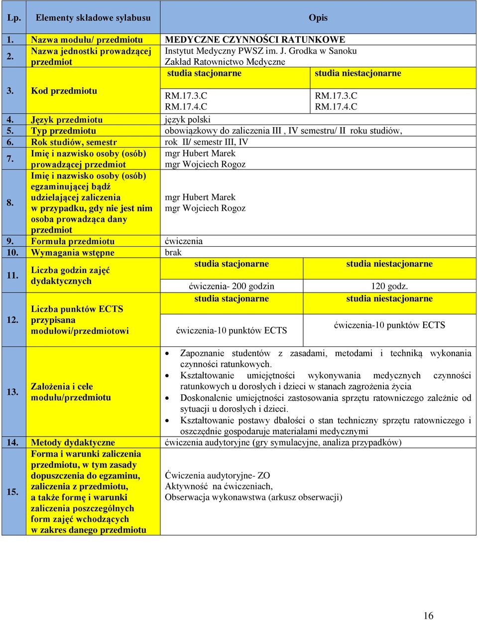 Typ przedmiotu obowiązkowy do zaliczenia III, IV semestru/ II roku studiów, 6. Rok studiów, semestr rok II/ semestr III, IV 7. 8.