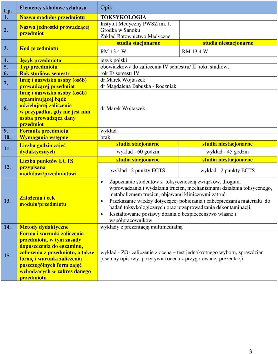 Rok studiów, semestr rok II/ semestr IV 7. 8.