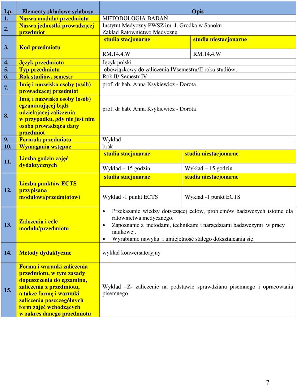 Imię i nazwisko osoby (osób) prof. dr hab. Anna Ksykiewicz - Dorota prowadzącej przedmiot Imię i nazwisko osoby (osób) egzaminującej bądź prof. dr hab. Anna Ksykiewicz - Dorota udzielającej zaliczenia 8.