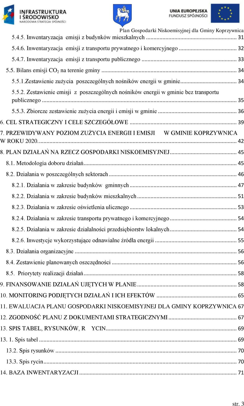 .. 36 6. CEL STRATEGICZNY I CELE SZCZEGÓŁOWE... 39 7. PRZEWIDYWANY POZIOM ZUŻYCIA ENERGII I EMISJI W GMINIE KOPRZYWNICA W ROKU 2020.... 42 8. PLAN DZIAŁAŃ NA RZECZ GOSPODARKI NISKOEMISYJNEJ... 45 8.1.